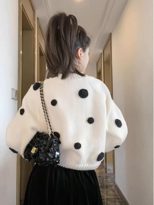 Women's Retro Polka Dot Fluffy Knit Sweater with Stand-Up Collar - Slimming Autumn/Winter Top