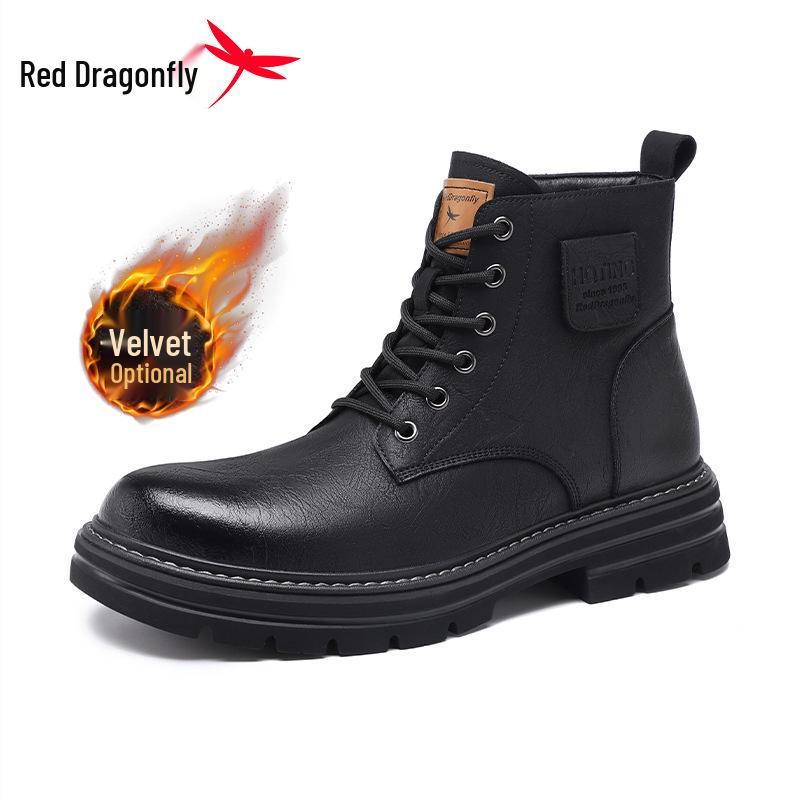 Red Dragonfly Men s Winter High-Top Martin Boots, Genuine Leather, British Style, Mid-Top, Velvet-Lined. Size 38
