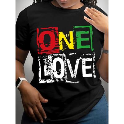 European Size Womens ONE LOVE Graphic T Shirt Black Casual Short Sleeve Crew Neck Colorful Block Lettering Breathable Summer Casual