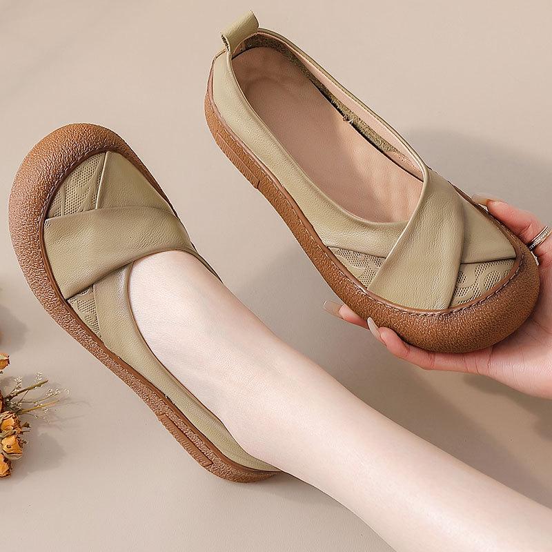 Spring Cowhide Low-Cut Soft Sole Round Toe Retro Women's Casual Shoes