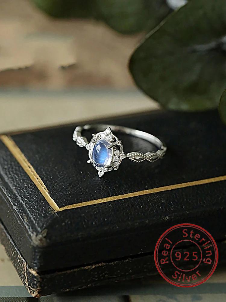 925 Sterlingového Stříbra Vintage Jednoduchost Personalizovaný Prsten s Měsíčním Kamenem Pro Ženy Zásnubní Svatba Luxusní Vysoká Kvalita Jemné Šperky