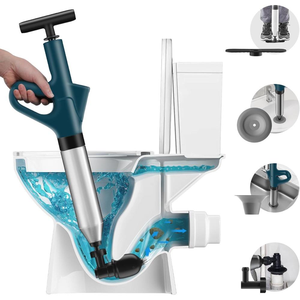 Toilet plunger, pneumatic drain cleaner, drain unclogging tool, powerful toilet plunger with visual pressure gauge.