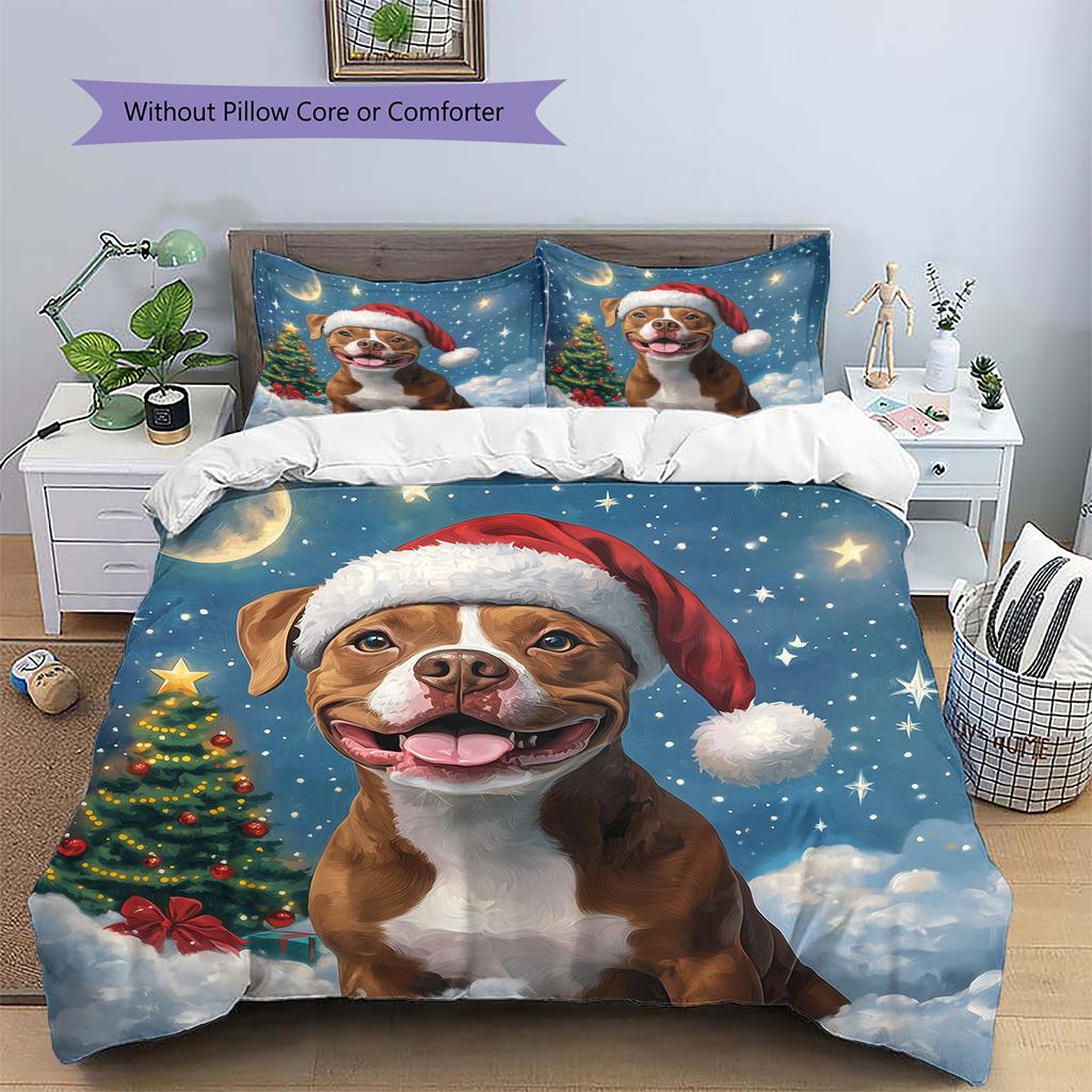 Christmas Pitbull Pattern Bedding Home Decoration Birthday Gift (1 * duvet cover + 2 * pillowcase, without core)