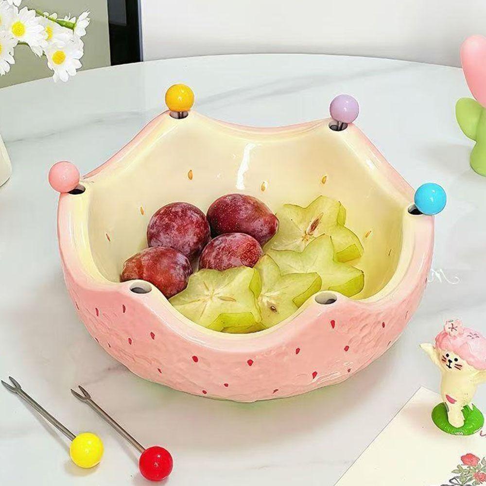 2 in 1 Ceramic Fruit Plate Strawberry Orange Shape Salad Serving Fruit Serving Plate Decoration with Forks Fruit Fork Set