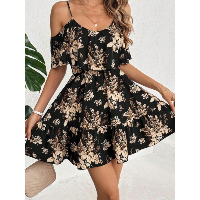 

European Station 2025 European and American Amazon Hot Sale Cross-Border Ladies Elegance Print Sling Waist Trimming Ruffles Dress Black S