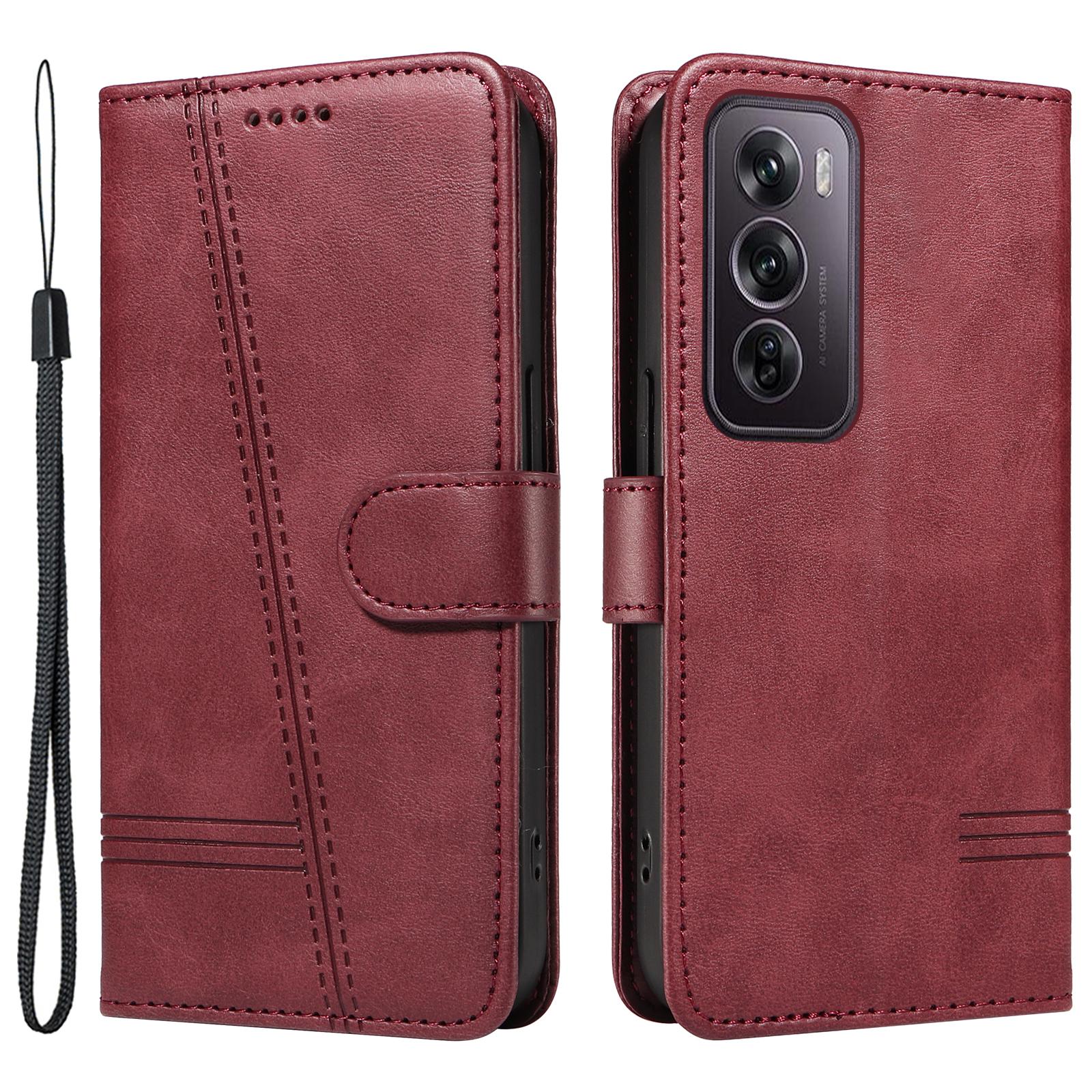 For Oppo Reno12 Pro 5G (China)/Reno12 Pro 5G (Global) PU Leather Flip Phone Cover Wallet Imprinted Line Case with Wrist Strap A