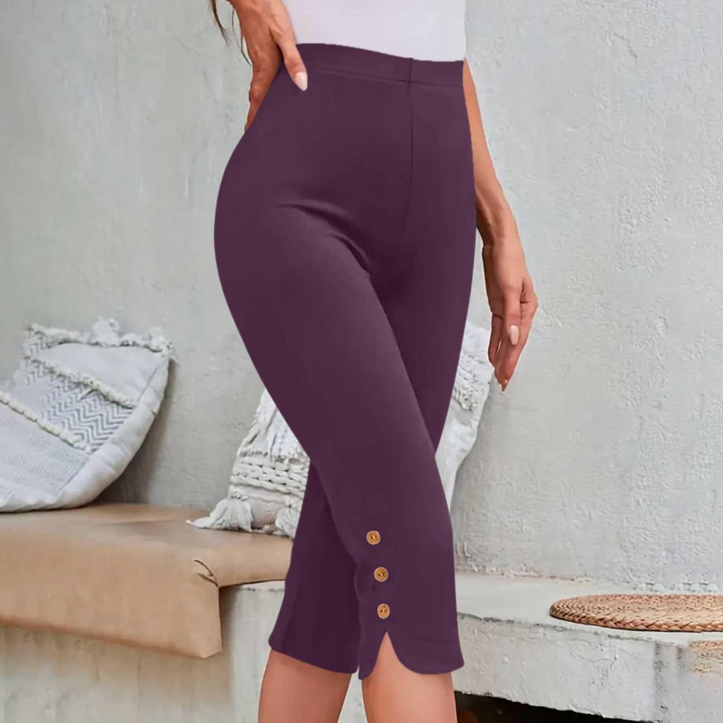 Women's Fashionable Solid Color High Waist Slimming Casual Elastic Waist Bottom Cropped Pants