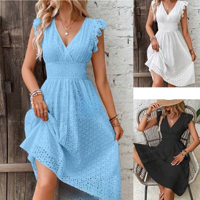 Damen Sommer Midi Kleid V-Ausschnitt Ärmellos Plissiert A-Linien Kleider Locker Elastische Taille Ausgeschnitten Partykleid