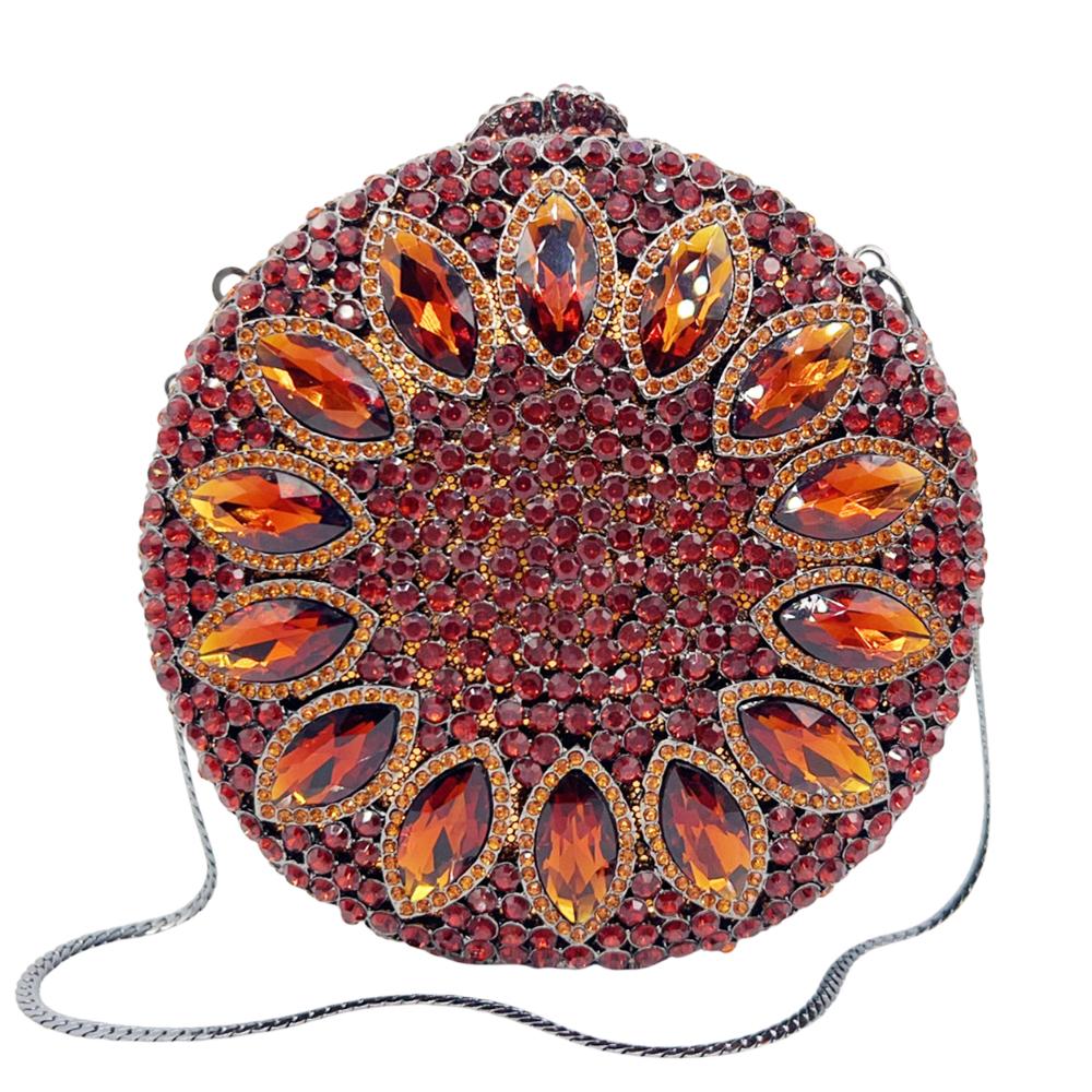

WHTUOHENG Round Brown Rhinestone Crystal Clutch For Women Evening Sunflower Handbag Prom Bag Bridal Clutches Wedding Purse 14.5cmX14.2cmX8.5cm