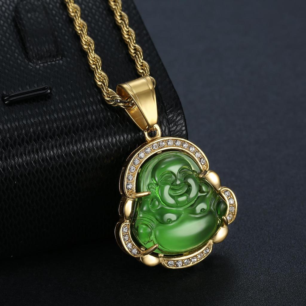 Jade Buddha Pendant Necklace W/ 18K Gold Plated Crystal Charm Hip Hop Chain