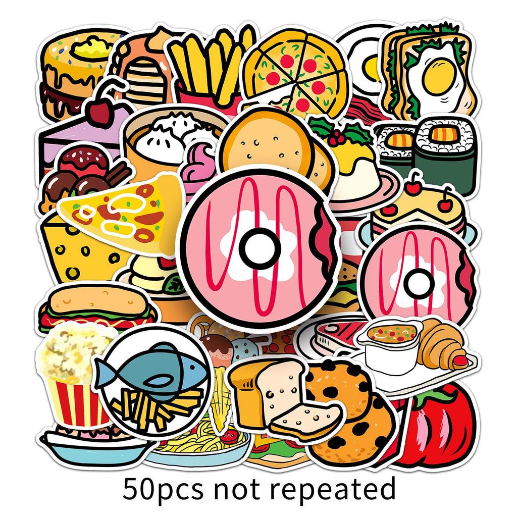 50 Cartoon Food Doodle Stickers: Original Hand-Painted Waterproof Decals for Kids - Ideal for Phone Cases & Suitcases