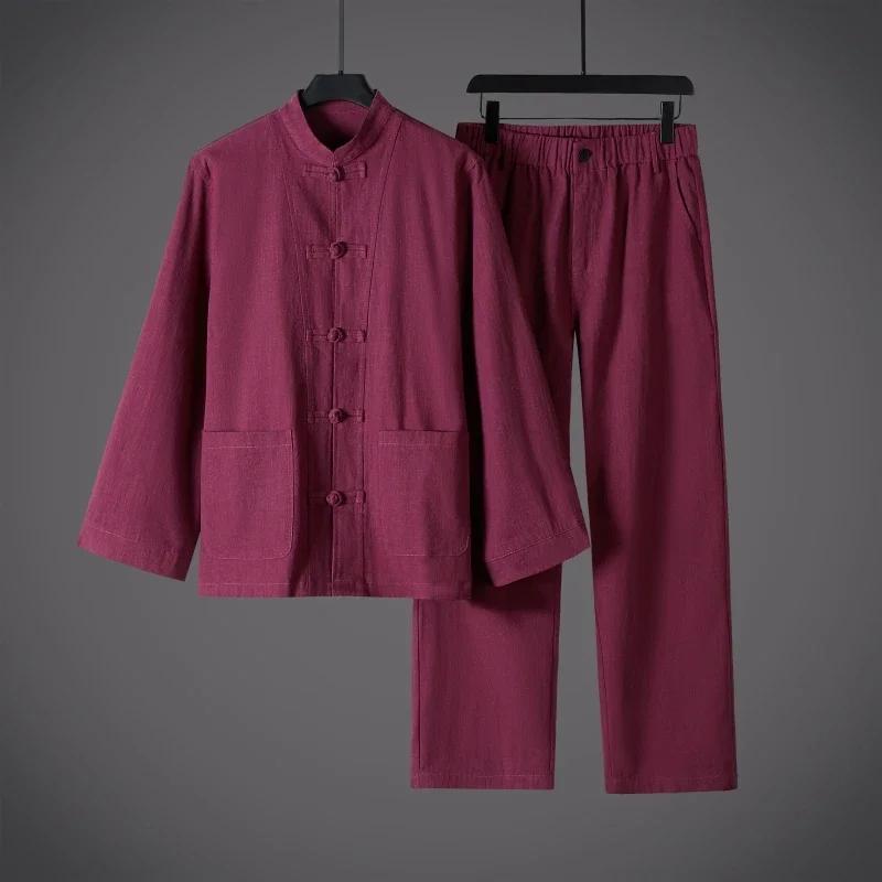 

Chinese Style Cotton Linen Men Two Piece Set Men Mandarin Collar Frog Button Tang Suits Loose Casual Breathable Autumn Outfit 4XL розы красного