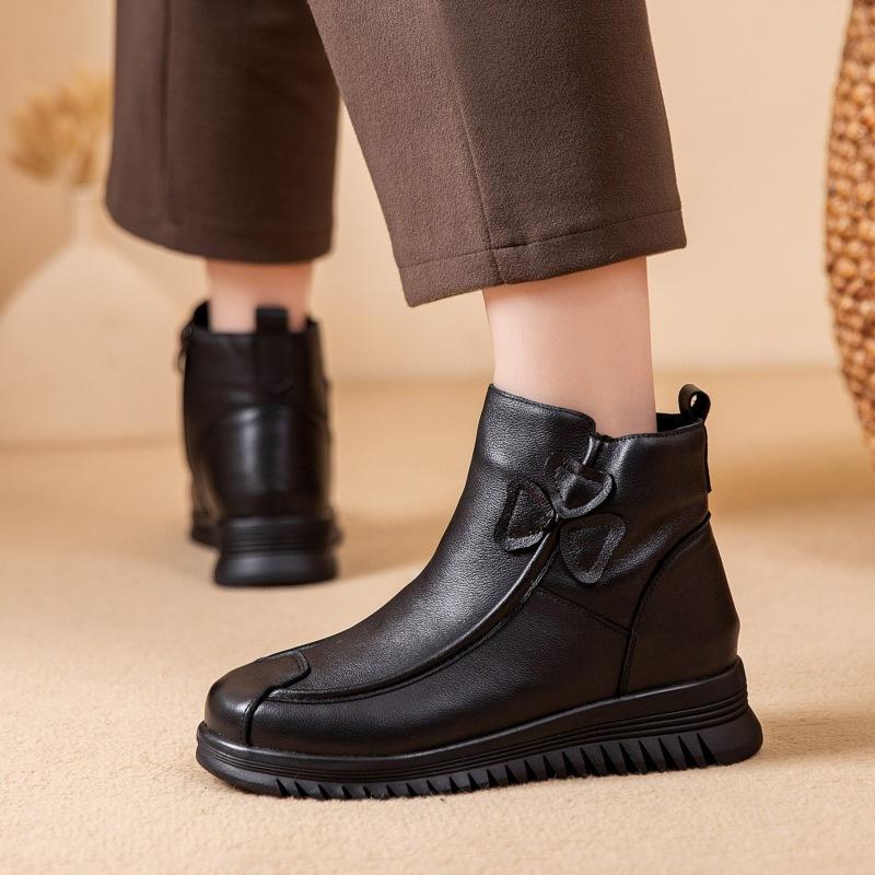 Fashion Cow Leather Women Boots Winter Shoes for Woman Wool Plush Genuine Leather Snow Boots Women Flat Platform Leather Shoes
