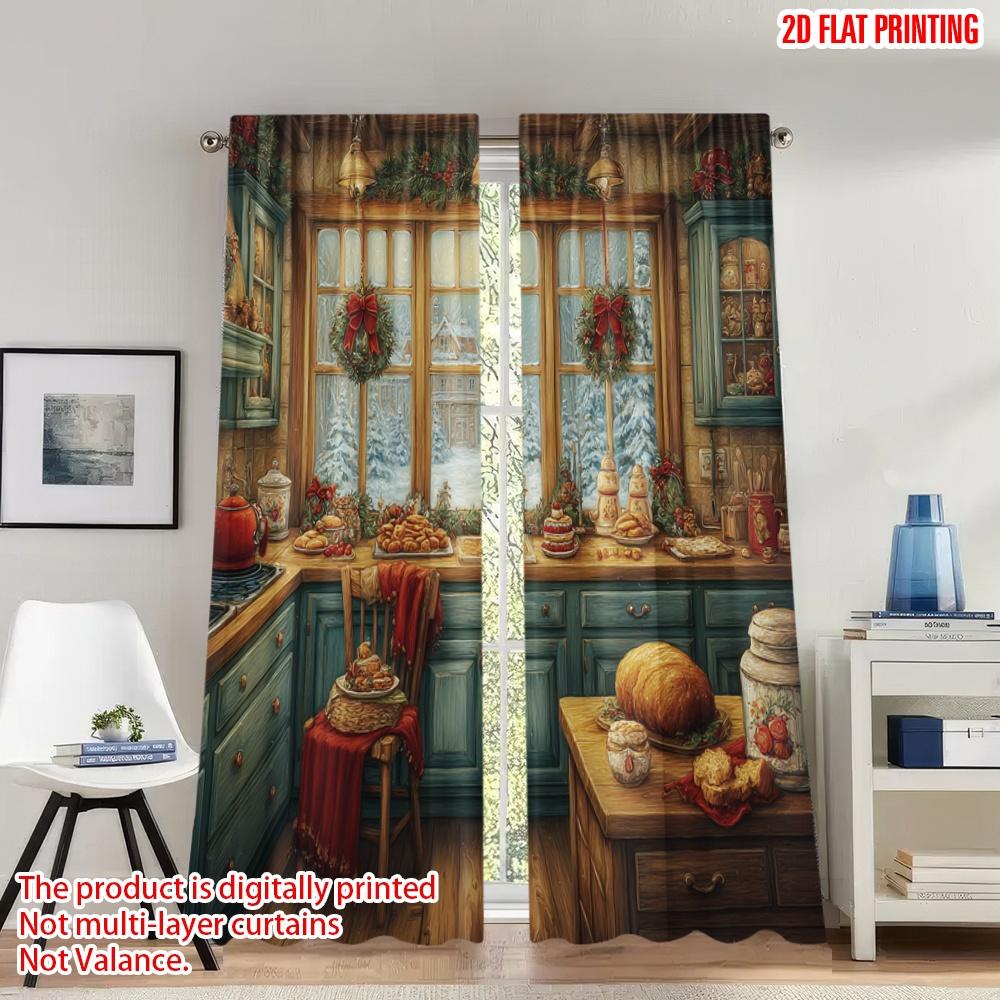 

Classic Flat Printing Christmas Hot Curtains Kitchen Scene Cozy Festive Digital Printed Polyester Drapes Party Set Of 2 Made Window Decor W100*H70(CM)-Rod Pocket&2PCS
