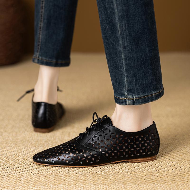 Fashion 2025 Summer New Women Flat Shoes Round Toe Hollow Out Basic Casual Working Comfortable Soft Genuine Leather Shoes Woman Concise