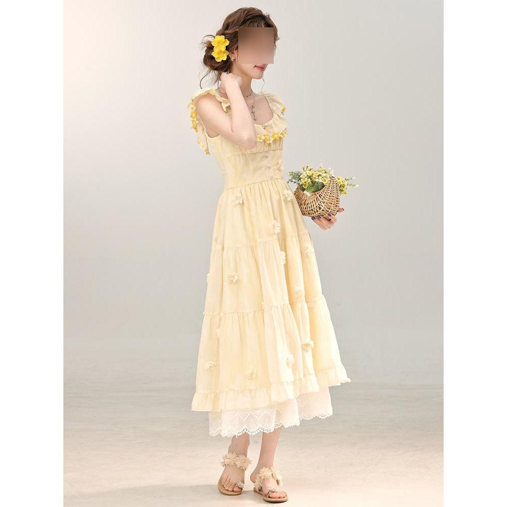 

Платье элегантное летнее новое а-силуэт длинное платье нежный ветер милая ниша ручная работа цветок синий талия XL- (recommended 110-60kg) светло-желтого