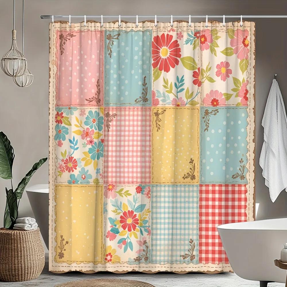 Vintage Blumiges gestepptes Duschvorhang - Patchwork Karo & Blumendesign, Polyesterstoff, 12 Haken, für Haus- & Hoteldekoration