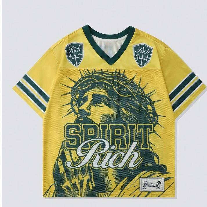 American Retro Jersey Style Digital Printed Short Sleeved Breathable Loose V-neck T-shirt Unisex High Street Top XL