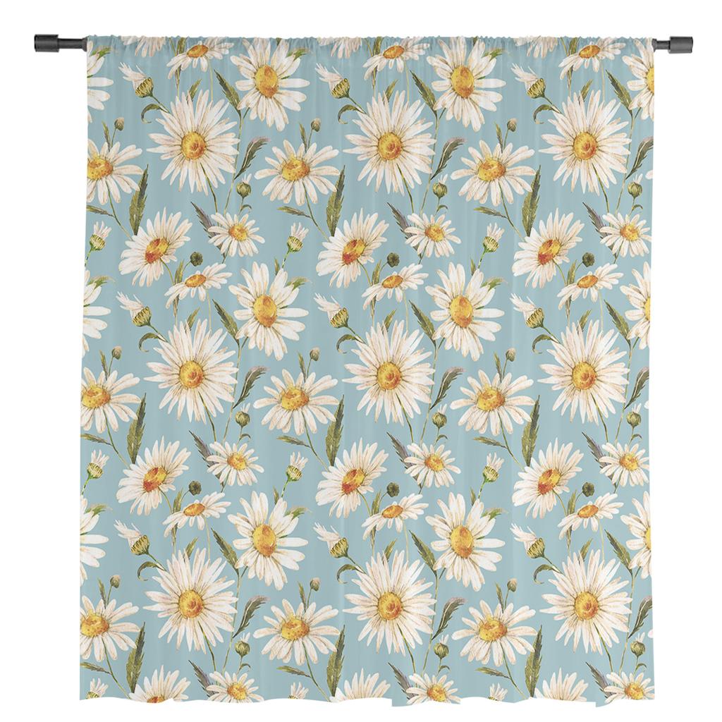 Daisy Watercolor Texture Sheer Voile Window Curtains Tulle Curtains Living Room Balcony Decoration Drapes