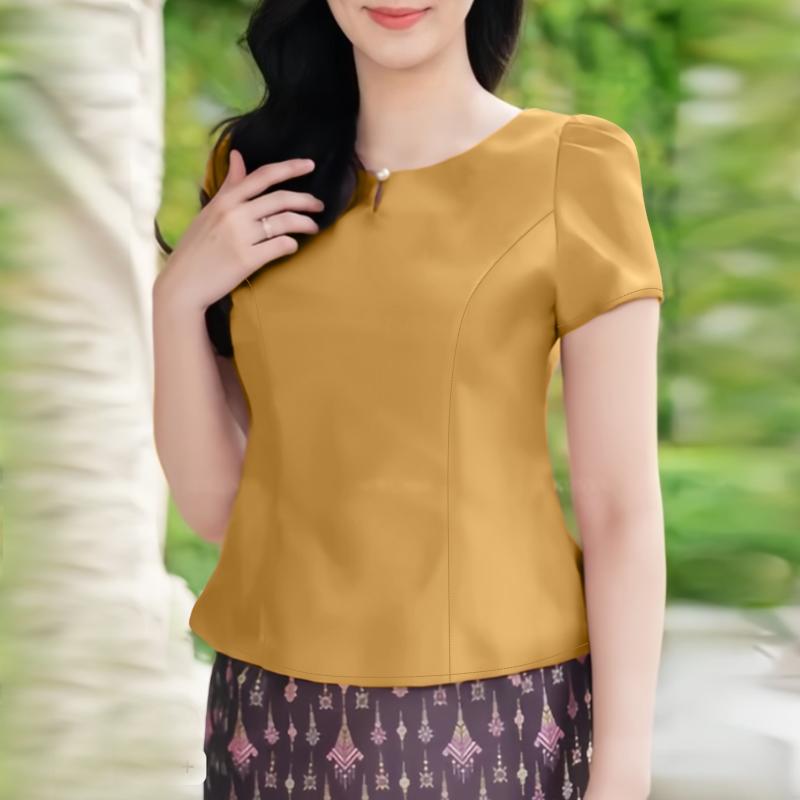 

ZANZEA Женская летняя повседневная однотонная блузка с круглым вырезом и коротким рукавом 5XL жёлтый