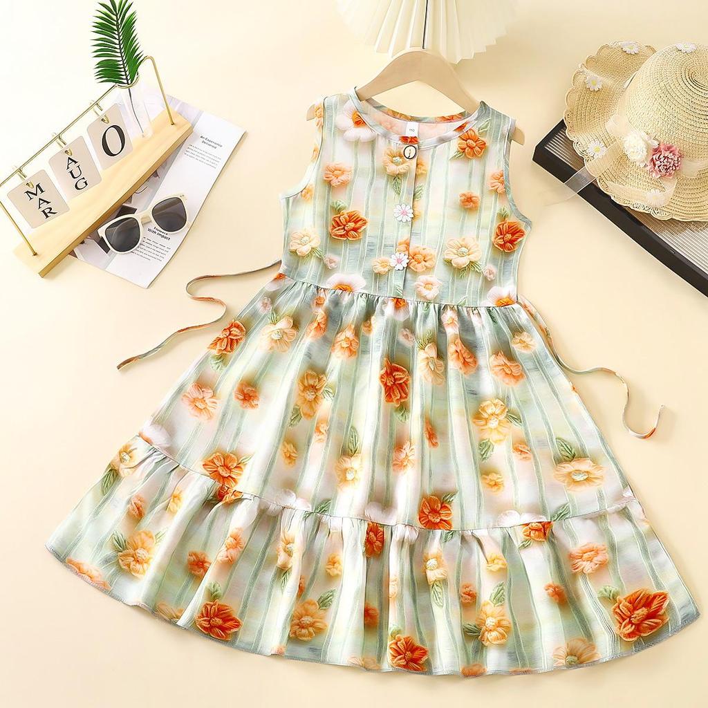 3D Floral Princess Strappy Midi Dress for Girls - Summer Beach Style