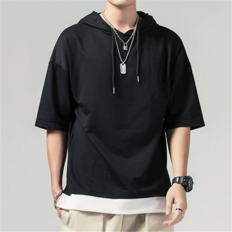 Summer Hooded T-Shirts Men Solid Short Sleeve Loose Streetwear Tees Male Vintage Casual Sports Tshirt Hooded Neck Tops Plus Size