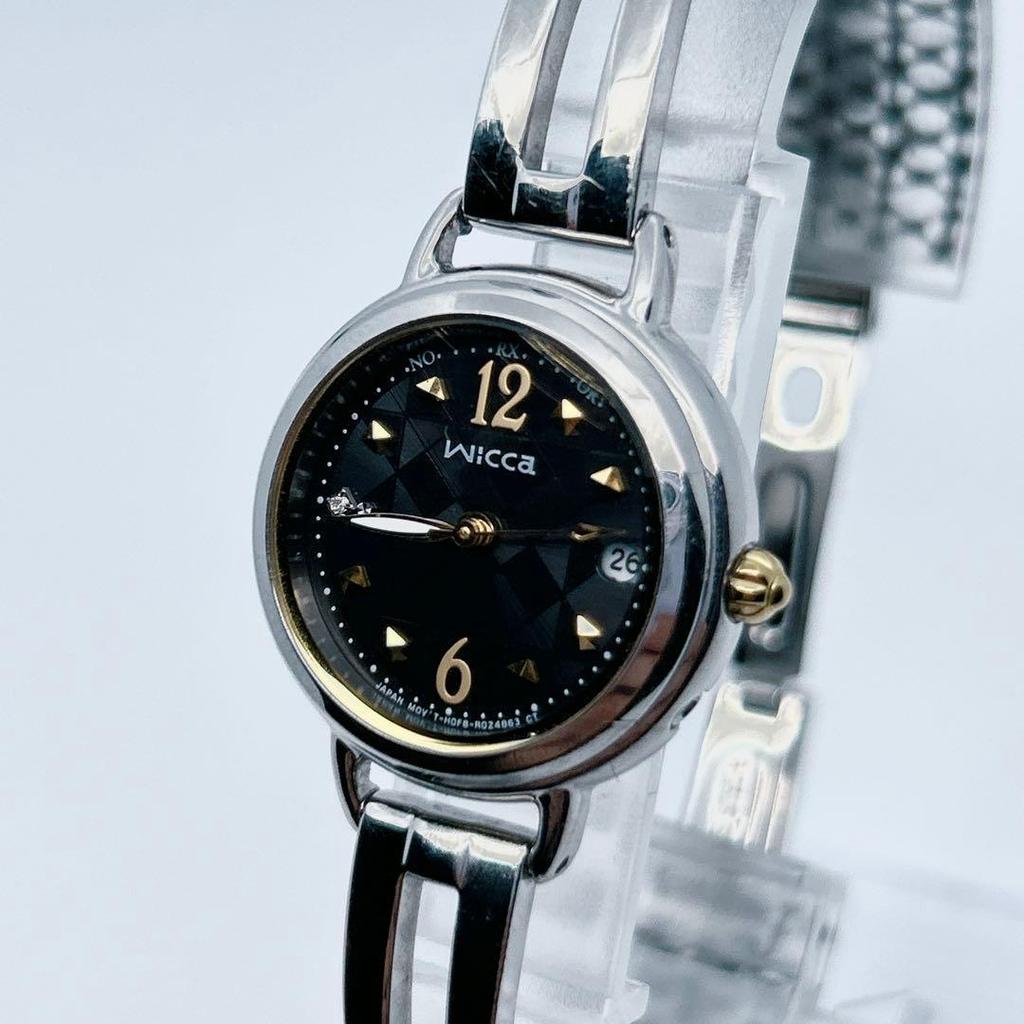 Used CITIZEN wicca solar radio clock diamond ladies black dial watch