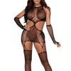Sexy Dessous Schwarz Netz Durchbrochener Teddy Sexy Unterwäsche und Handschuh-Sets Intimwäsche Elastischer Enganliegender Body