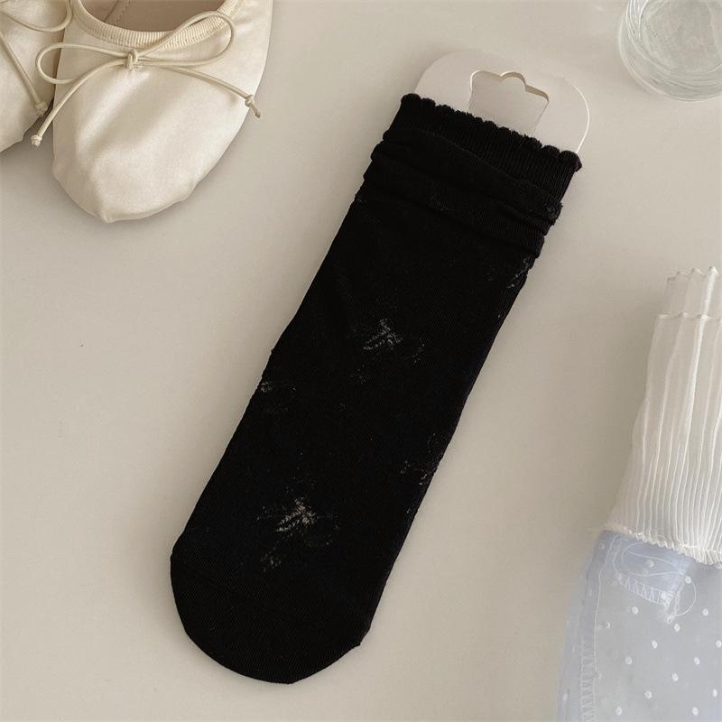 Women's Summer Solid Shade Bow, Bubble Rim Lace Boneless Pile Cotton Socks