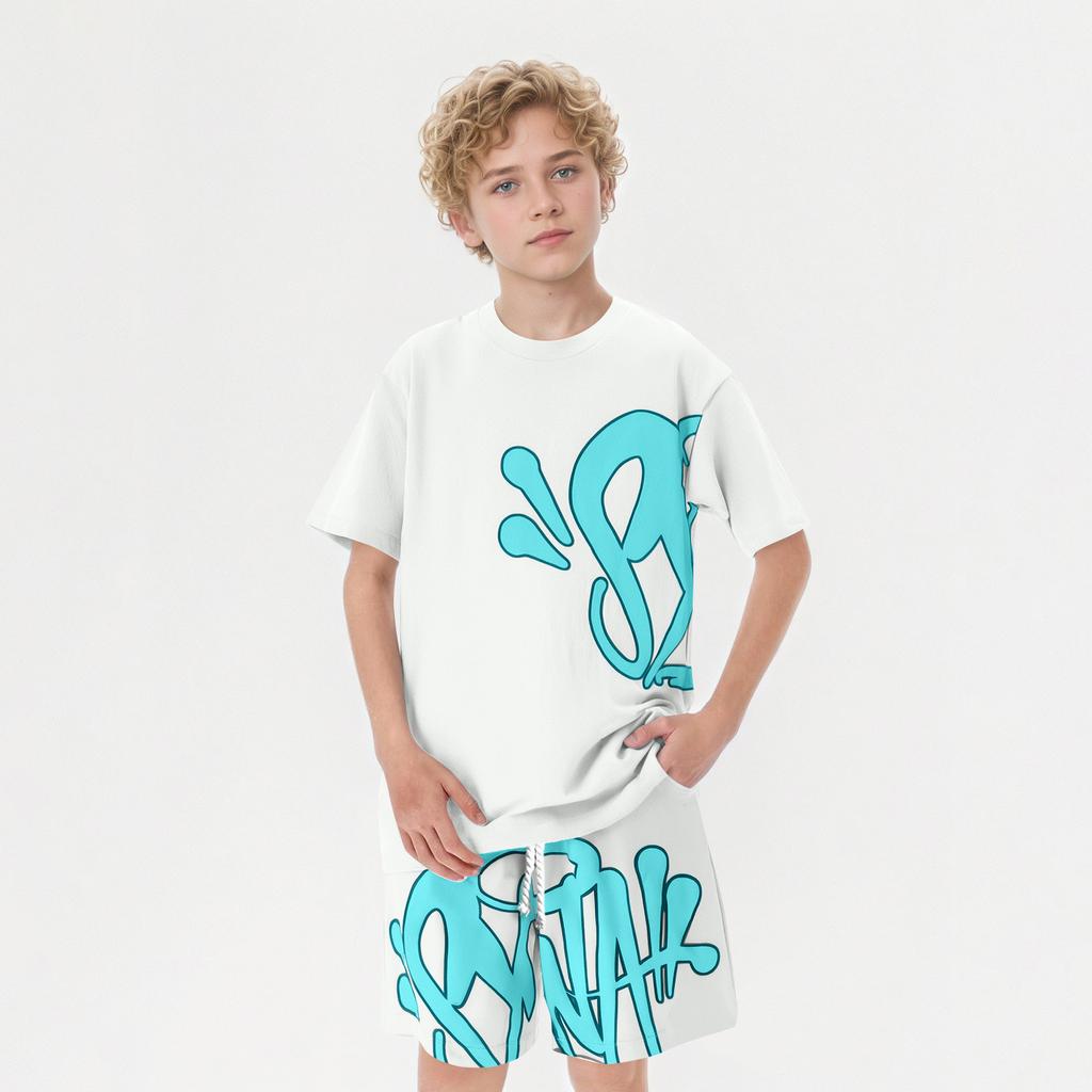 Kids Summer Short Sleeve T Shirt and Shorts Set Lightweight Breathable Casual Sportswear with Elastic Waistband and Printed Design for Boys Girls