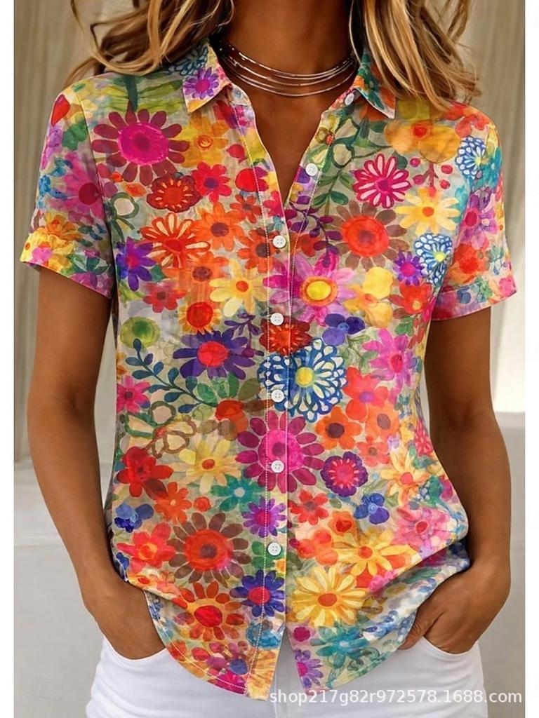 European and American summer hot-selling shirts, short-sleeved women's clothing, printed fashion lapel shirts, tops, casual women's clothing