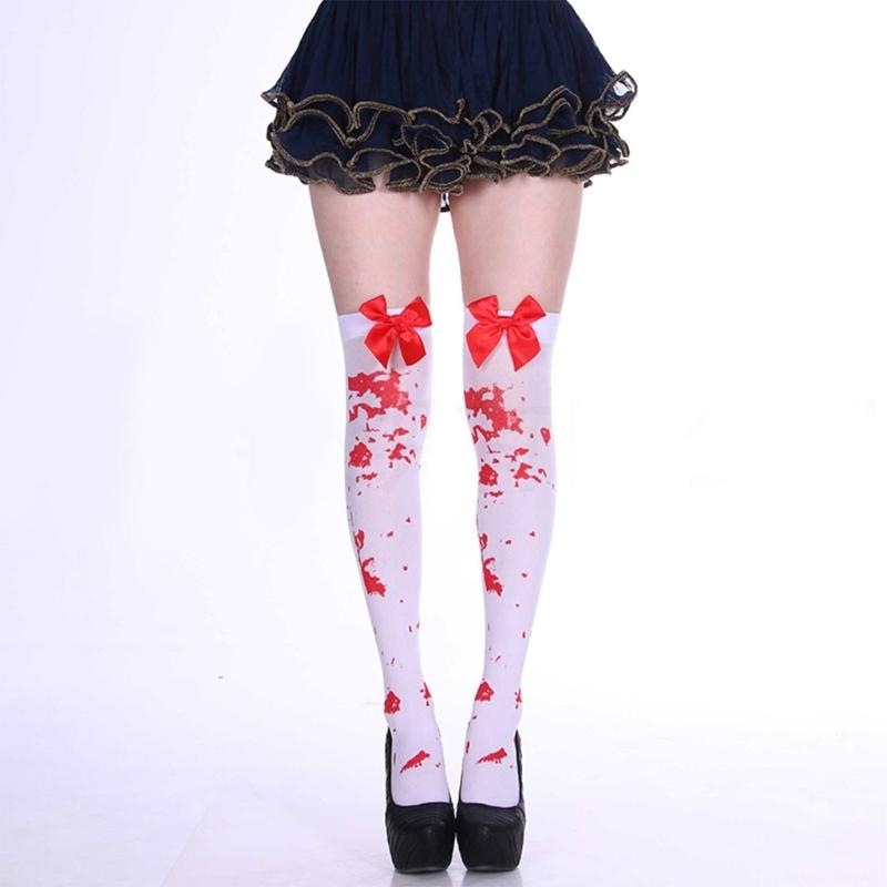 Sweet Bowknot Accent Thigh High Long Socks for Women Halloween Cosplay Parties Fishnet Striped Thigh High Stockings
