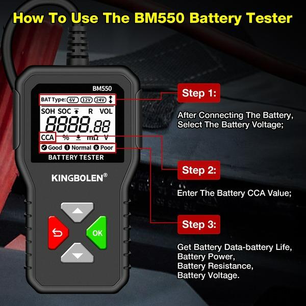 BM550 Car Battery Tester 6V 12V 24V 100-2000 CCA Battery System Detect Auto Battery Analyzer Car Battery Tool PK KW208