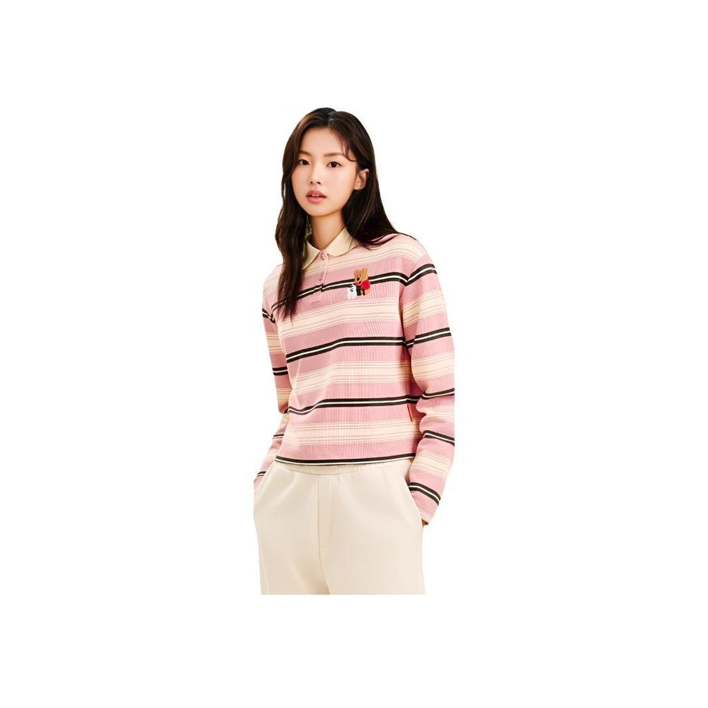 Anta X Cute Town Collaboration Life Series Polo Neck Striped Color Block Loose Long Sleeve T-Shirt Women Tops 162548404-1