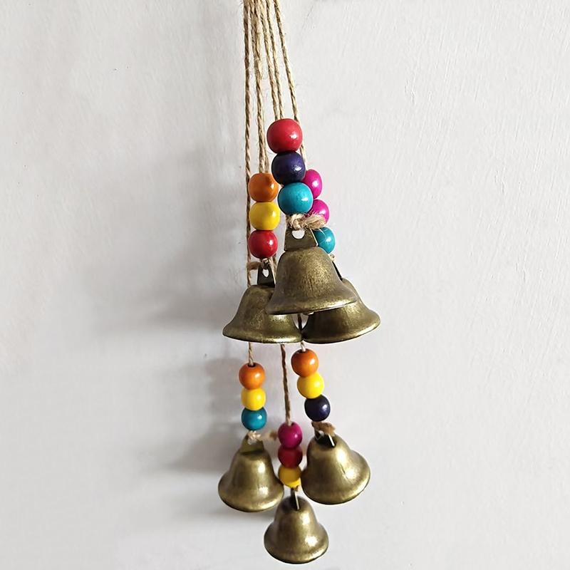 Bohemian Wind Chime 6/8 Bronze Bells Colorful Wood Beads Handmade Boho Hanging Decor Garden Patio Yard Rustic Home Decoration