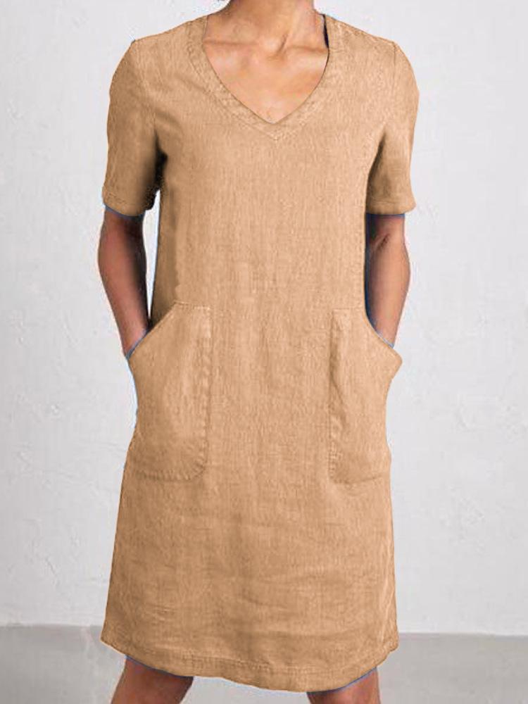 

Women s Cotton Linen Shirt Dress Summer Short Sleeve V Neck Midi Dress Casual Dress with Pockets XXXL