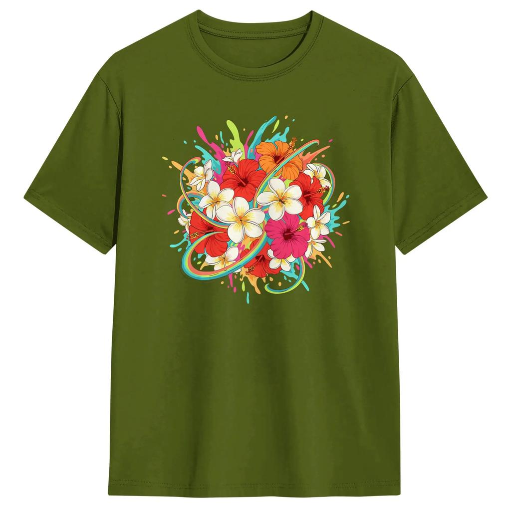 Unisex Hawaiian Summer Floral Hibiscus Plumeria Bouquet Comt Colors Adult Heavyweight T Shirt Clothes Short Sleeve Crewneck Tees