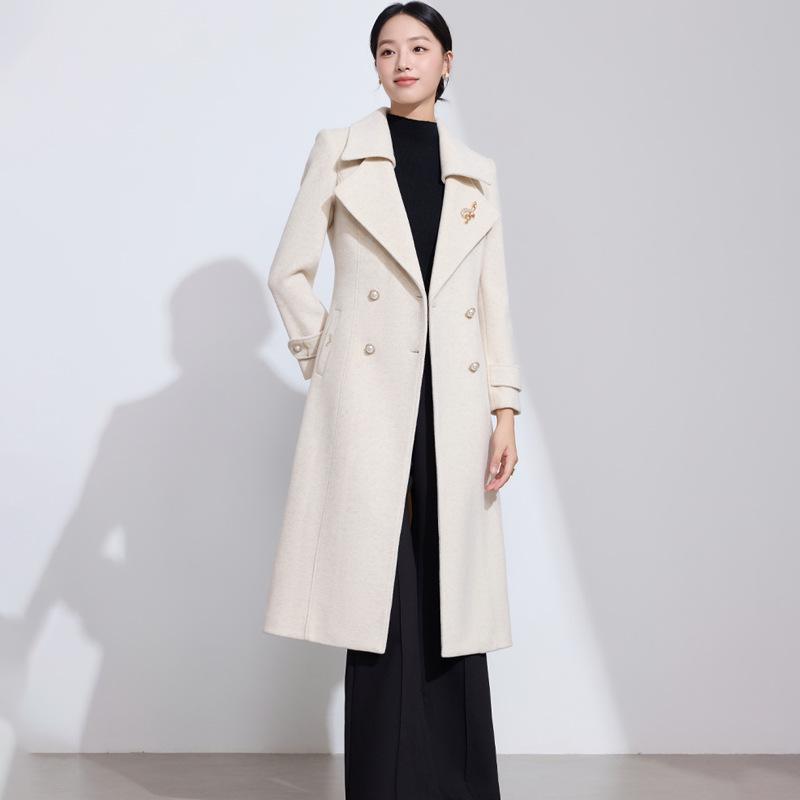 Hepburn Style Double-Breasted Wool Coat for Women - Autumn/Winter French Mid-Length Design