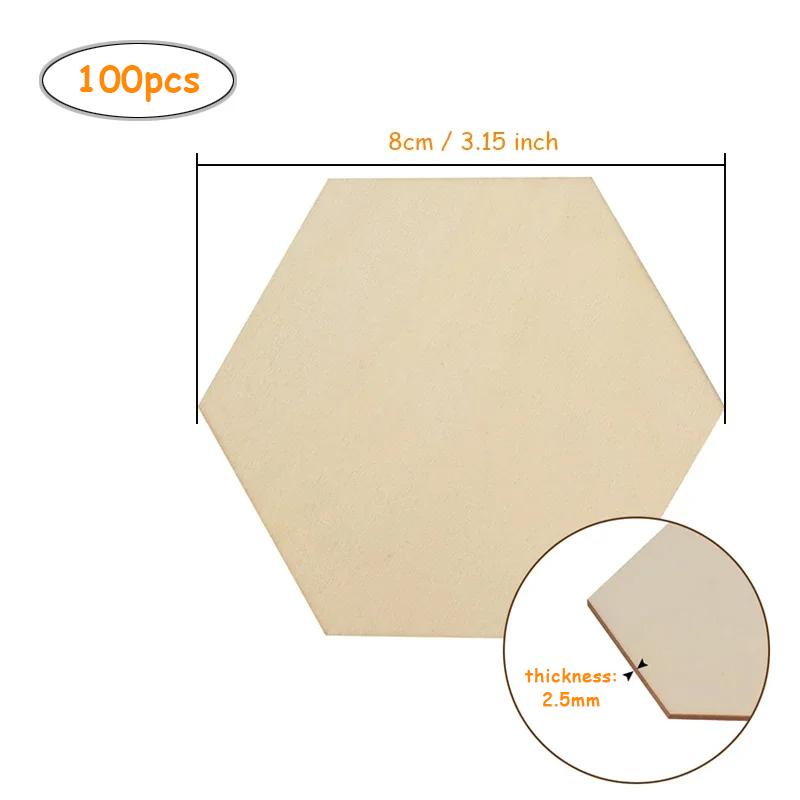 

100pcs 8cm Natural Blank Hexagon Shape Cutouts Unfinished Hexagon Wood Pieces, Wooden Tile Slabs Cutouts Slices for DIY Crafts