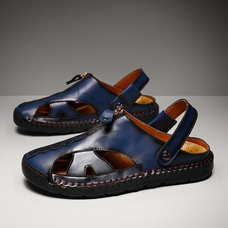 Men Outdoor Hiking Sandals Brown Leather Closed Toe Blue Beach Shoes Walking Handmade Sandals Plus Size