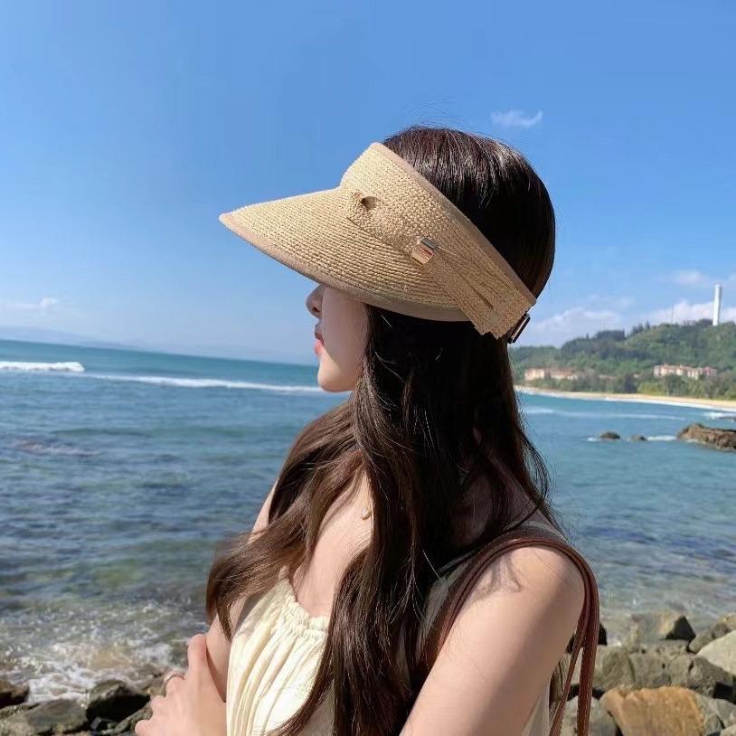 UV Protection Big Eaves Raffia Empty Top Cycling Hat Women's Sun Protection Sun Hat Summer Straw Hat Duck Tongue Sun Hat