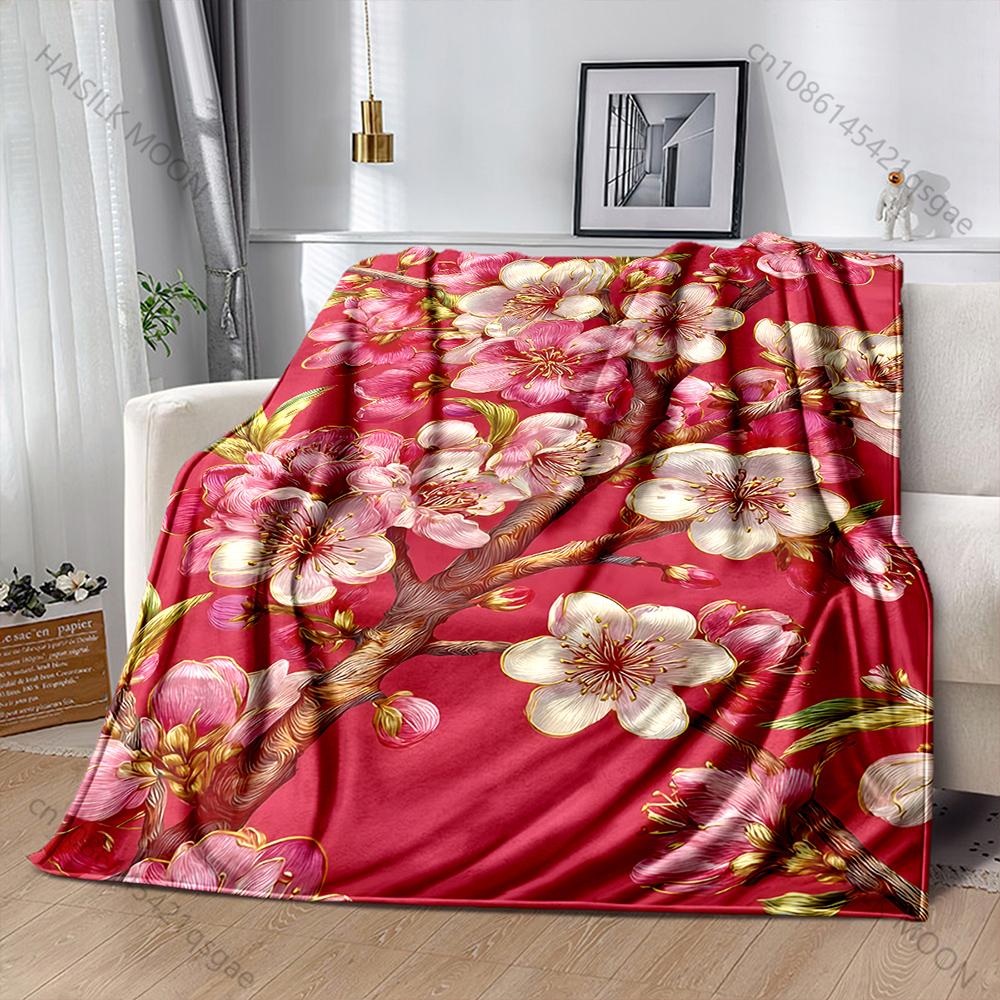 Multiple Sizes Pink Peach Flowers Blooming Print Blanket Warm Soft for Children Adults Luxury Gifts Home Sofa Travel Camping