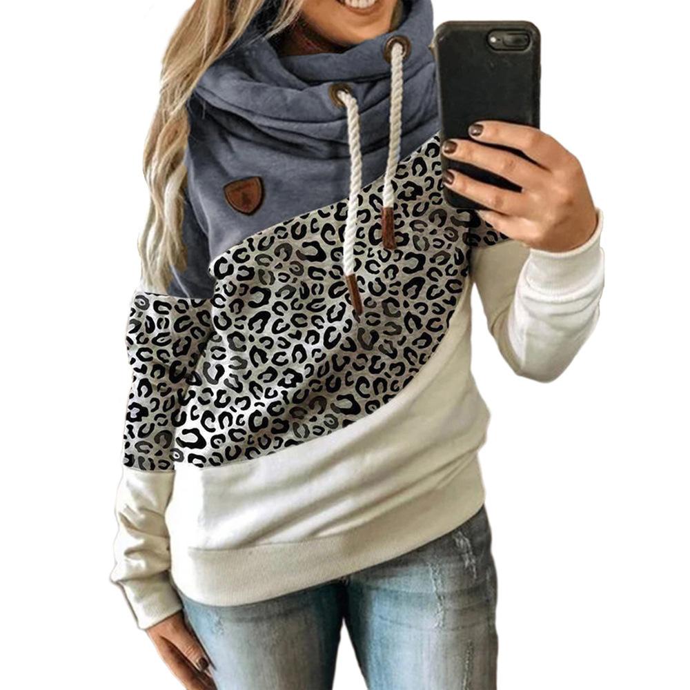 Frauen Leopardenmuster Patchwork Hoodie Kordelzug Rollkragen Kapuzenpullover Sweatshirt