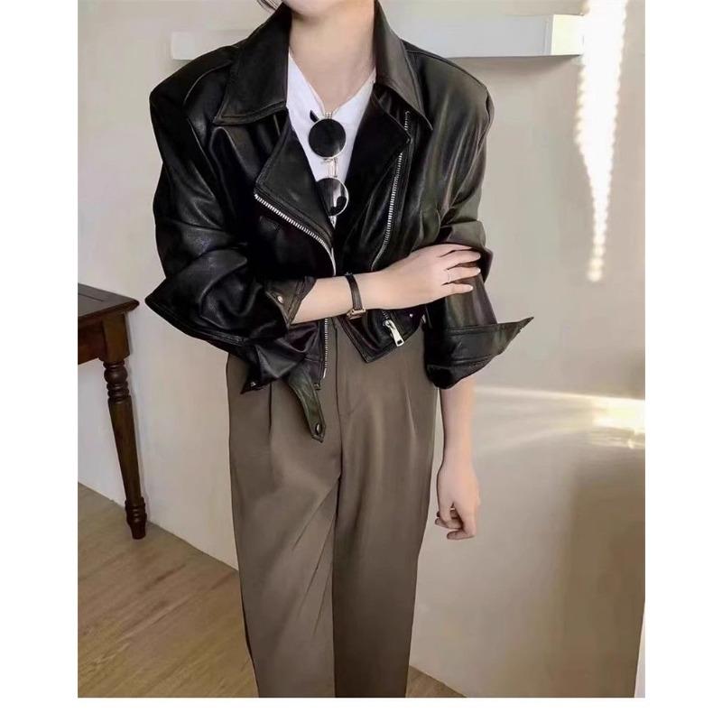 Autumn Winter Street Style Loose Casual Polo-neck PU Leather Zipper Jacket Women Y2K Hipster Cardigan Top Coat