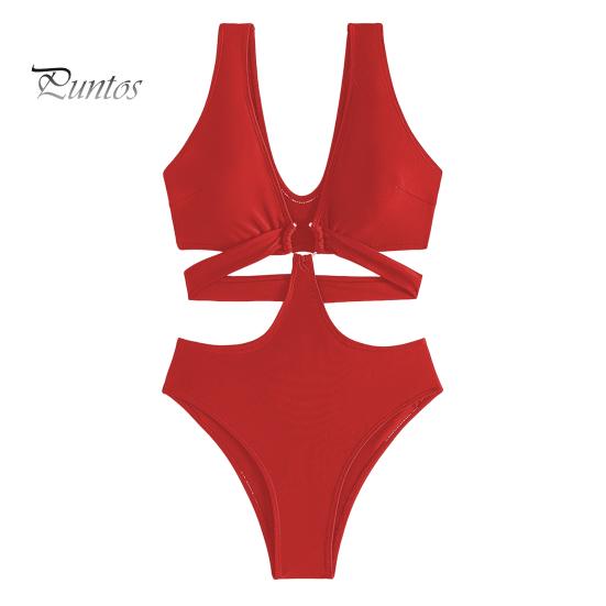 

Сексуальный цельный купальник с v-образным вырезом, без рукавов, с высокой талией, монокини с железным кольцом, повязка, сплошной цвет, быстросохнущее цельное бикини S красный