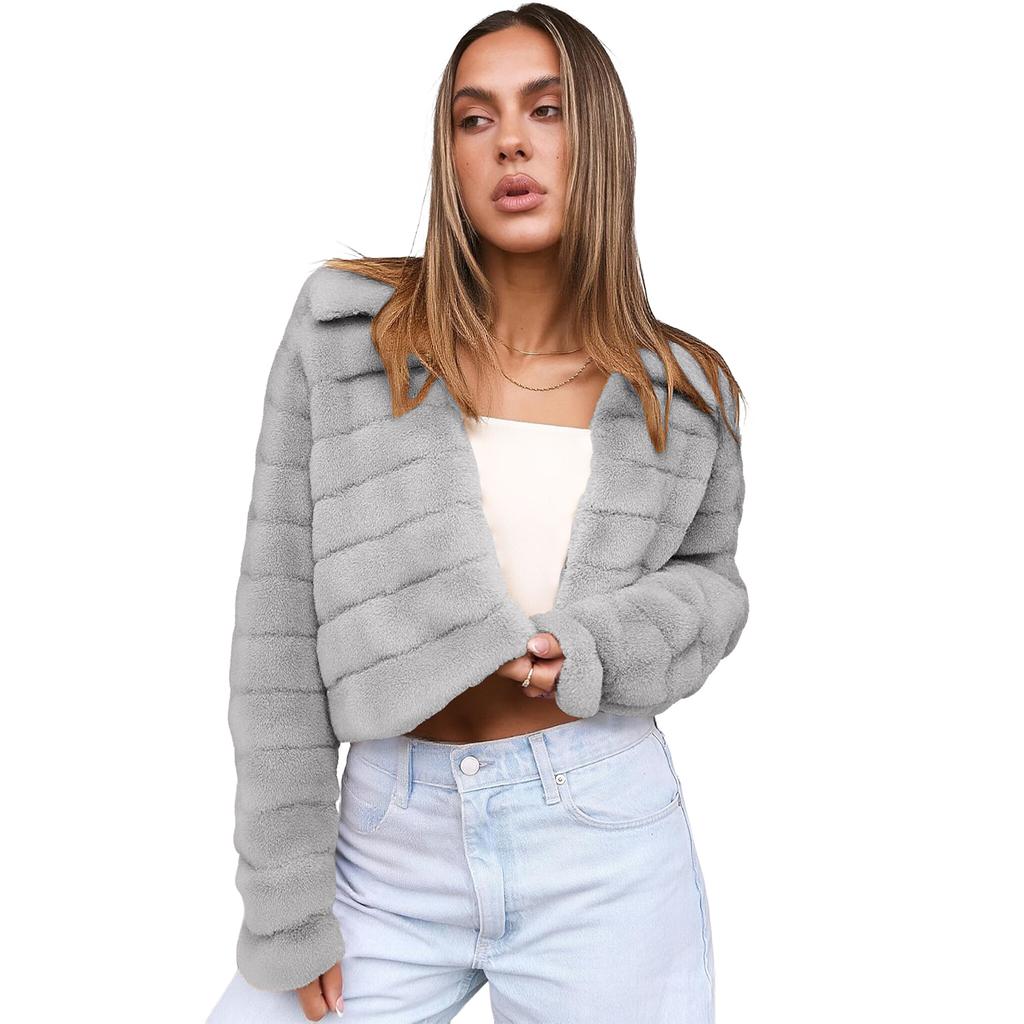 Womens Cropped Faux  Jackets Long Sleeve Open Front Short Coats