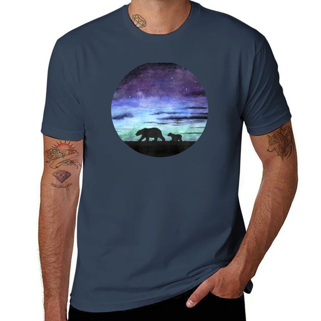 Aurora Borealis And Polar Bears (Dark Version) Tshirt Casual Streetwear Short Sleeve Tee Tshirt