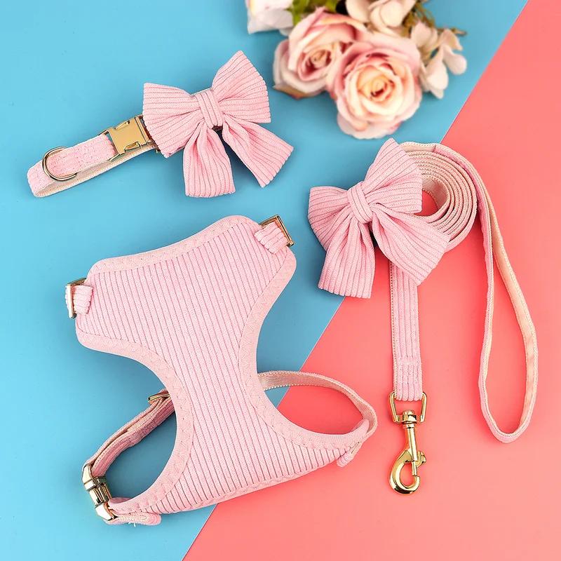 Cute Bowknot Dog Harness Leash Set Adjustable Breathable Fashion Printed Pet Vest for Small Medium Dogs Cats Outdoor Walking