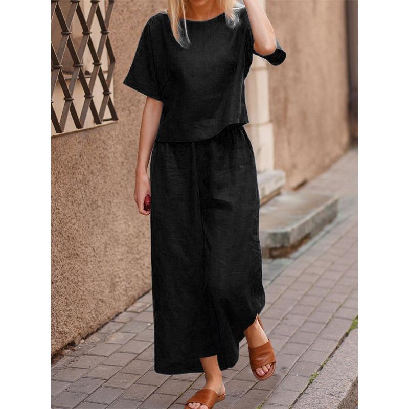 

JPNTKY Повседневный костюм большого размера, Свободная однотонная рубашка и брюки, Набор из двух предметов XXXXL чёрный