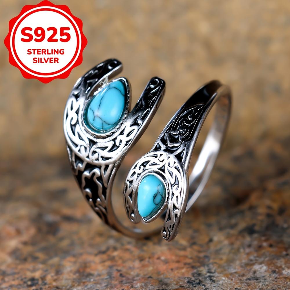 S925 Sterling Silver Double-sided Teardrop Turquoise Open Rings for Women Ethnic Bohemian Style Adjustable Ring Jewelry Accessories